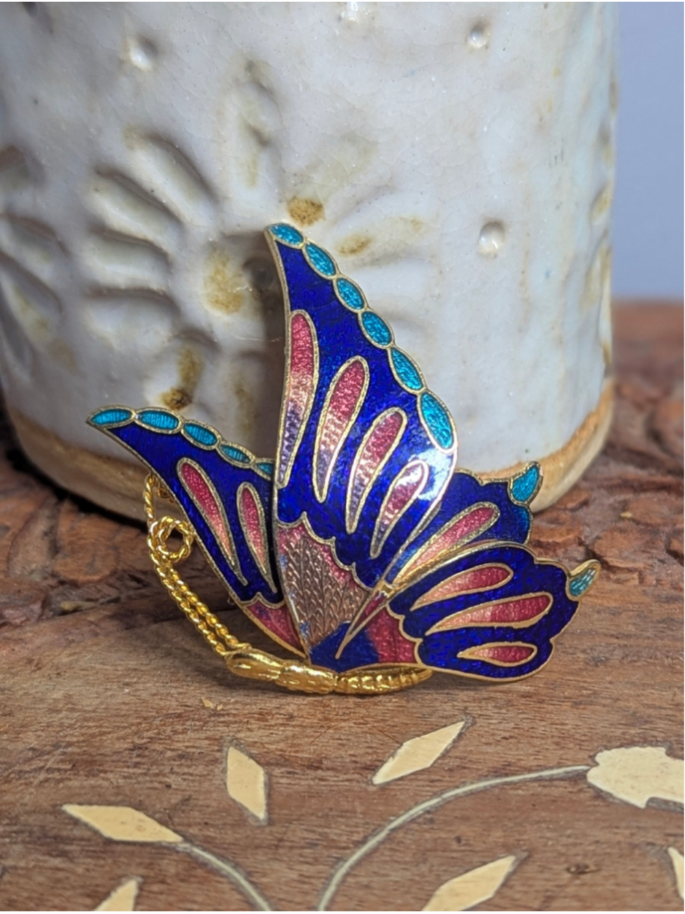 Vintage 1980s Cloisonné Enamel Butterfly Brooch – Cobalt Blue & Teal